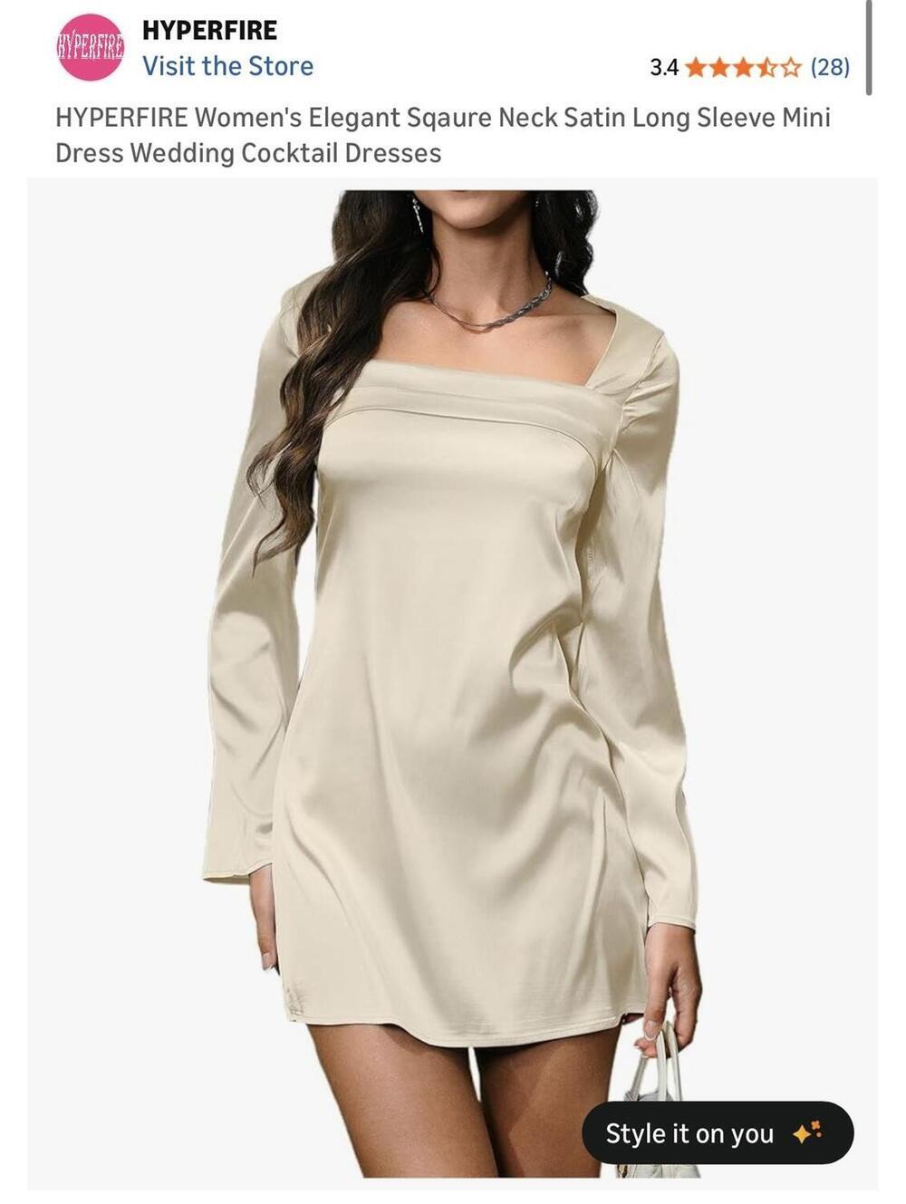 HYPERFIRE Women's Elegant Square Neck Satin Long Sleeve Mini Dress - Picture 1 of 8